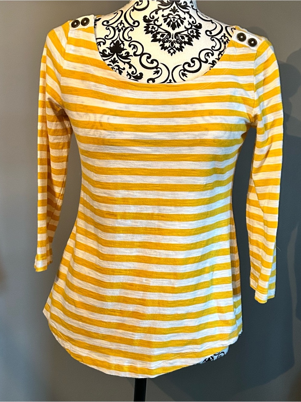 Banana Republic Yellow and White Striped Boatneck Top with Shoulder Buttons